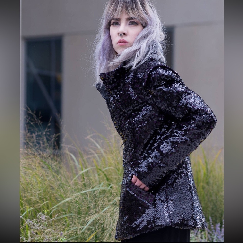 Lucia’s Sarto Purple black sequin puffer jacket coat